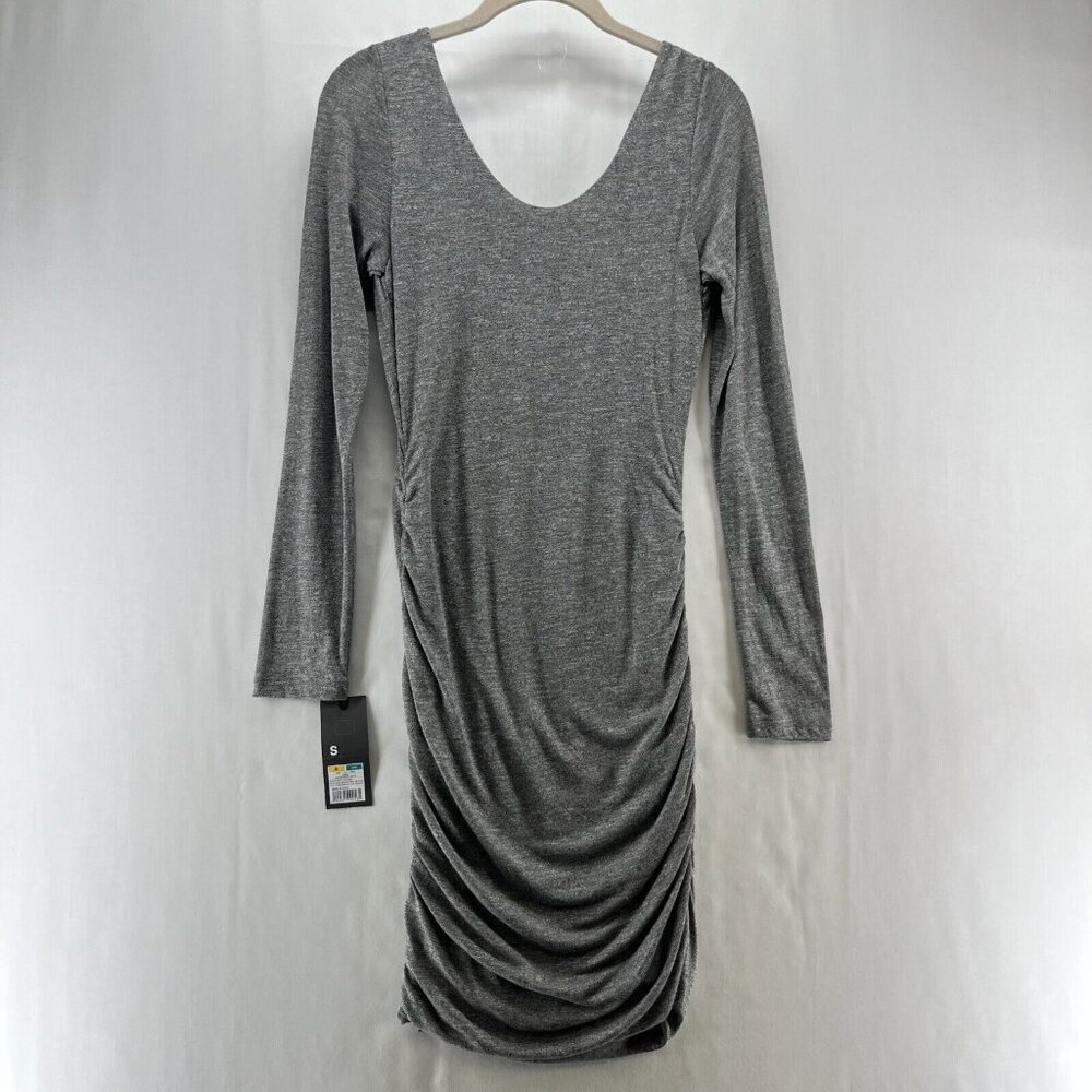 Mossimo Bodycon Dress Women's Sz S Gray Heathered Scoop Neck Ruched Long Sleeves